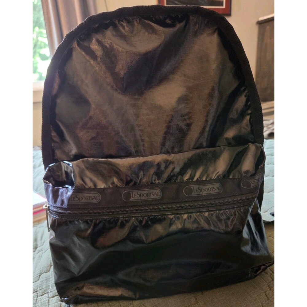 LeSportsac Black Patent Nylon Essential Backpack Large Travel School Laptop Bag